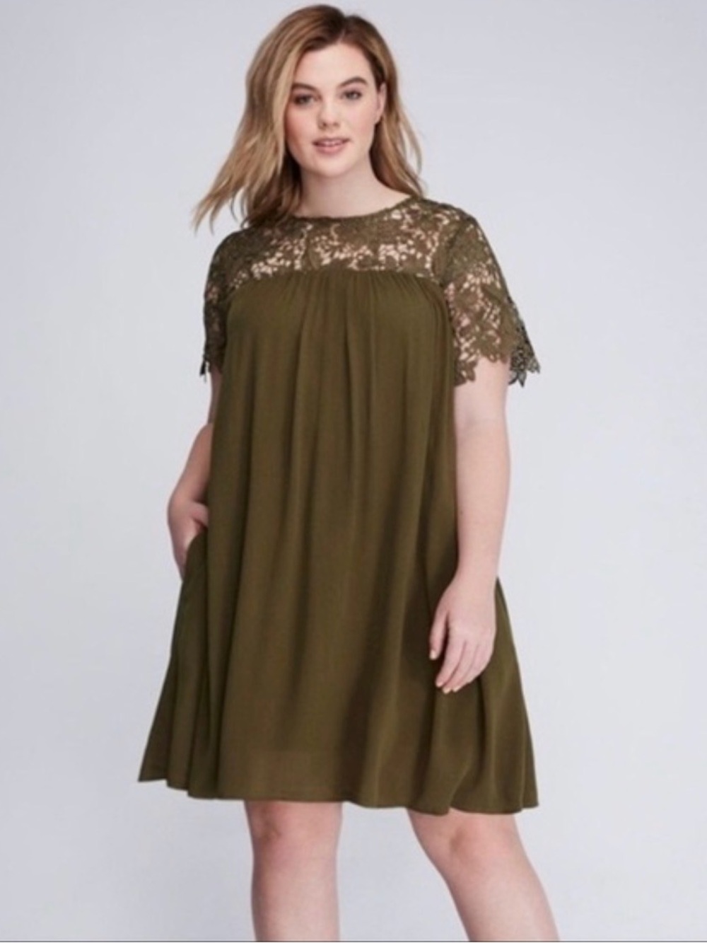 Lane Bryant Boho Chic Olive Lace Yoke Swing Dress Sz 24 Earthcore Fairy EUC